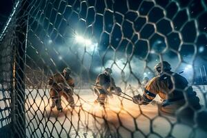 hielo hockey portero jugador en objetivo en acción. neural red ai generado foto