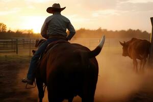 Cowboy on horse lassoing bull, Neural network AI generated photo