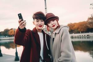 contento sonriente Pareja de viaje en Francia tomando selfie en París. neural red ai generado foto