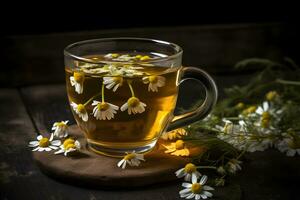 taza de té con manzanilla flores en rústico de madera antecedentes. neural red ai generado foto