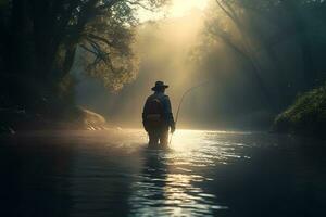 Fisherman by the lake at dawn. Neural network AI generated photo