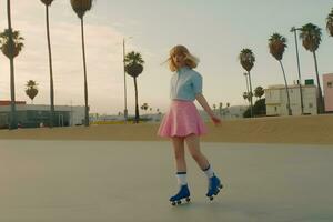 Fashionable groovy stylish girl on roller skates near the beach. Neural network AI generated photo