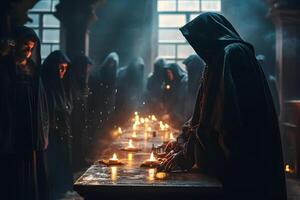 Ritual of medieval priests with candles in the temple. Neural network AI generated photo