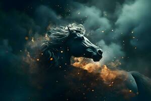 Fantasy horse portrait with fire and smoke. Neural network AI generated photo