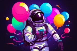astronaut cartoon floating with balloon planet in space background. Neural network AI generated photo