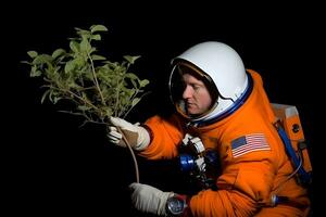 Astronaut planting a tree on the moon or mars. Neural network AI generated photo