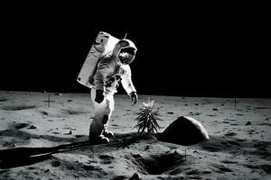 Astronaut planting a tree on the moon or mars. Neural network AI generated photo