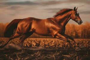 Bay horse run gallop on desert sand against blue sky. Neural network AI generated photo