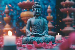 Meditation Buddha statue with candles and lotus. Neural network AI generated photo