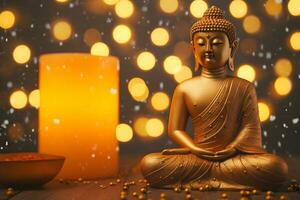Meditation Buddha statue with candles and lotus. Neural network AI generated photo