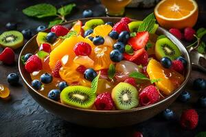 Bowl of healthy fresh fruit salad on wooden background. Top view. Neural network AI generated photo