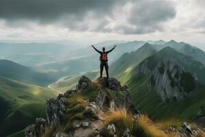 Female hiker with backpack raised her hands celebrating successful climb to top of mountain. Neural network AI generated photo