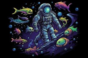 Astronaut and underwater world, psychedelic style. Neural network AI generated photo