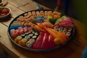 close-up view of delicious sushi set on slate boards. Neural network AI generated photo