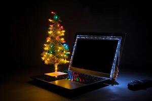 A tree grows from a laptop. Green information technology. Neural network AI generated photo
