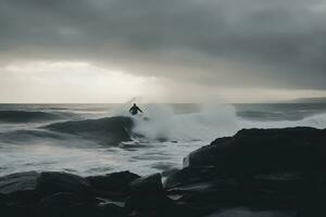 Surfer on Blue Ocean Wave Getting Barreled at Sunrise. Neural network AI generated photo