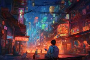 Japanese neon city in synthwave style. cyberpunk futuristic. Neural network AI generated photo