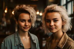 Two young blonde girls portrait. Neural network AI generated photo