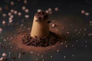 Chocolate ice cream cone ads, pouring chocolate toppings. Neural network AI generated photo