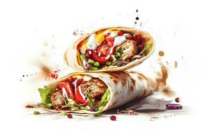 Appetizing shawarma on a white background. Neural network AI generated photo