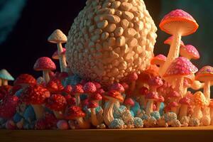 Magic and fairy neon mushrooms. Neural network AI generated photo