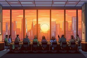 Stock market business and trading concept with group of people in office at sunset. Neural network AI generated photo