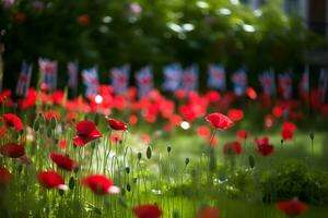 Beautiful field of red poppies in the sunset light. Neural network AI generated photo