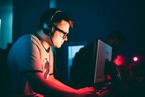 professional gamer playing tournaments online games computer with headphones, red and blue. Neural network AI generated photo