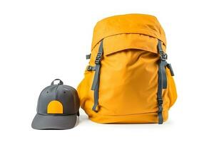 Travel set isolated on white background. Hat, backpack and boots. Neural network AI generated photo