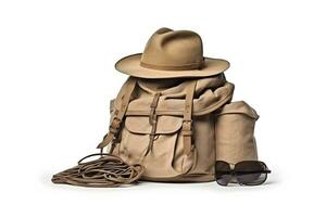 Travel set isolated on white background. Hat, backpack and boots. Neural network AI generated photo