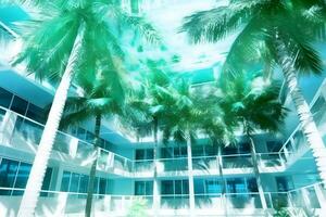 Residential Home Buildings, tropic trees, palms. Neural network AI generated photo