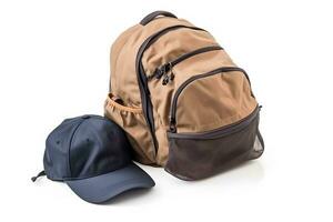 Travel set isolated on white background. Hat, backpack and boots. Neural network AI generated photo