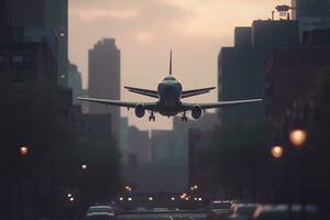 Commercial airplane flying over modern city. Neural network AI generated photo