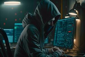 Dangerous Hooded Hacker Breaks into Government Data Servers and Infects Their System with a Virus. Neural network generated art photo