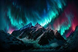 Polar lights also called northern lights or aurora borealis in northern norway mountains. Neural network generated art photo