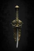 Medieval sword and scabbard. Fantasy golden sword with long blade. Neural network generated art photo