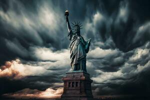 cerca arriba de el estatua de libertad con épico nublado cielo a noche. neural red generado Arte foto