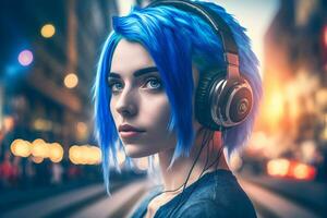 retrato de joven niña con azul pelo escuchando música con auriculares en ciudad calle. neural red generado Arte foto