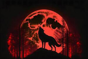 Howling wolf against the full moon background and the wilderness. Neural network generated art photo