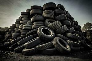 Big pile of used old car tires for recycling. Neural network generated art photo