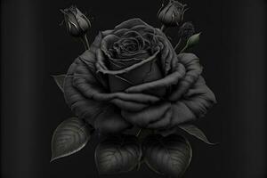 Black monochrome rose flower on deep dark background. blue and purple color tones. Neural network generated art photo