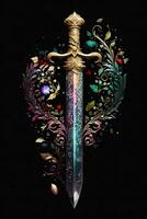 Medieval sword and scabbard. Fantasy golden sword with long blade. Neural network generated art photo