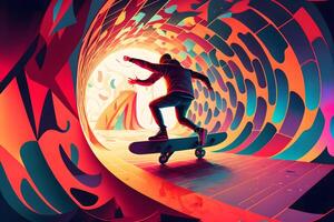 Abstract extreme sports lover performs leap into infinity with fictional skateboard or snowboard. Neural network generated art photo