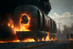 Burning train car on fire accident on train yard. Neural network generated art photo