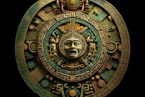 cerca ver de el antiguo azteca maya calendario con redondo modelo y alivio en Roca superficie. neural red generado Arte foto