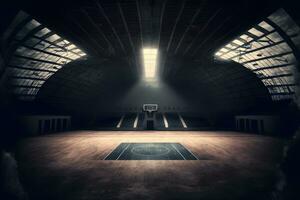 Interior view of an illuminated basketball stadium for a game. Neural network generated art photo