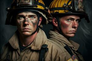 Portrait of firefighters dirty faces in special helmets and firefighters uniforms. Neural network generated art photo