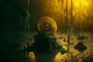 Bitcoin falling into the mud. The fall of the cryptocurrency. Neural network generated art photo