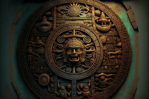 Close view of the ancient Aztec mayan calendar with round pattern and relief on stone surface. Neural network generated art photo