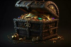 Open treasure chest filled with gold coins and expensive pirates loot on black background. Neural network generated art photo